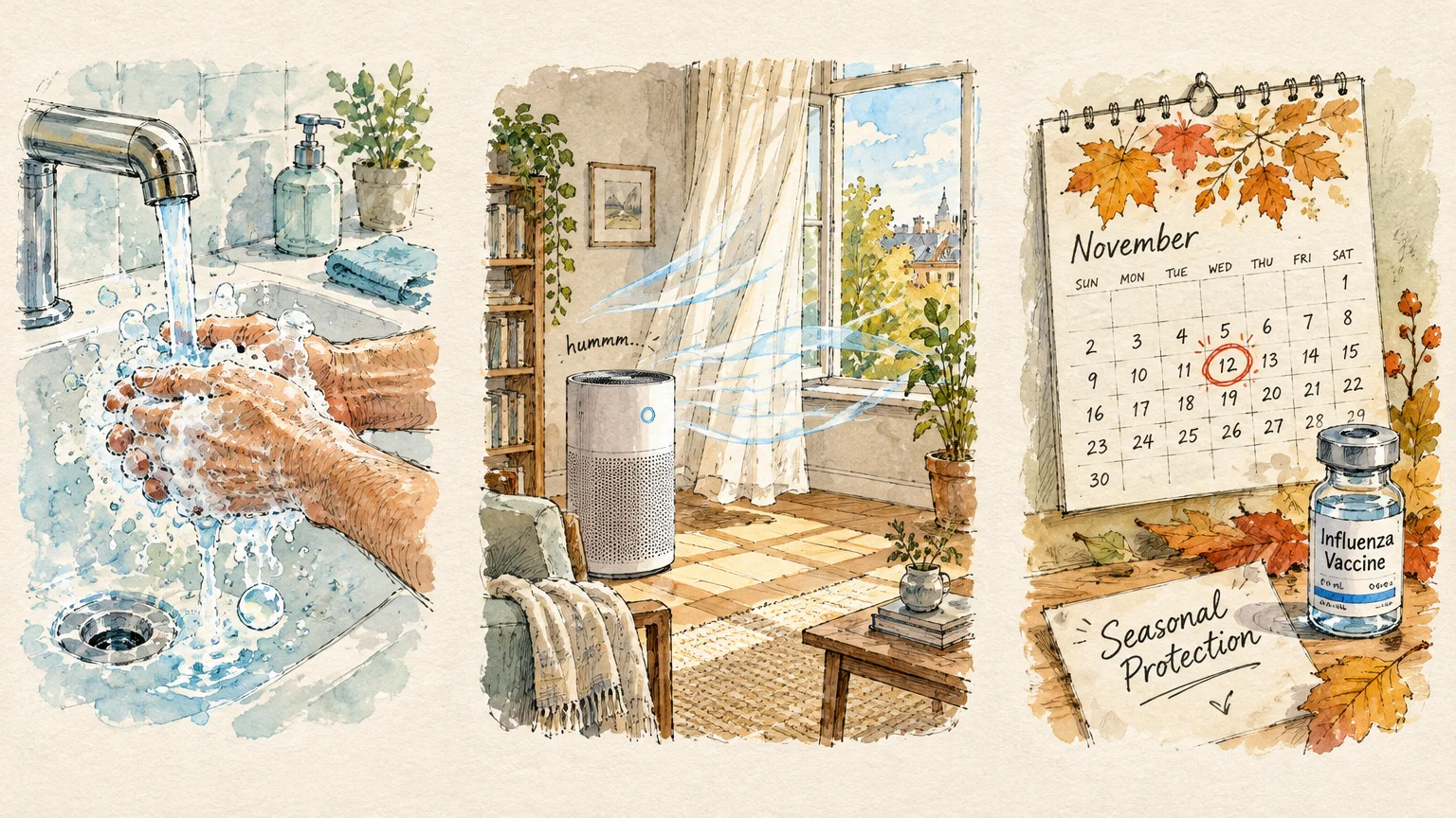 Triptych illustration showing hands being washed with soap, an air purifier running in a living room, and a flu vaccine vial.