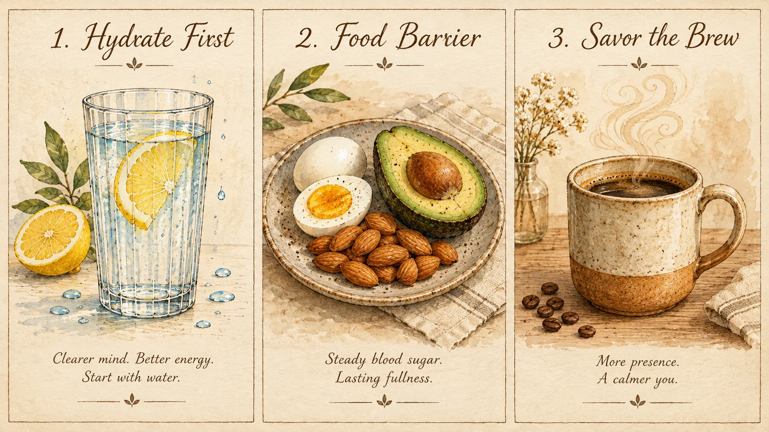 Three-panel watercolor illustration showing a glass of lemon water, a plate of eggs and avocado, and a steaming mug of coffee.