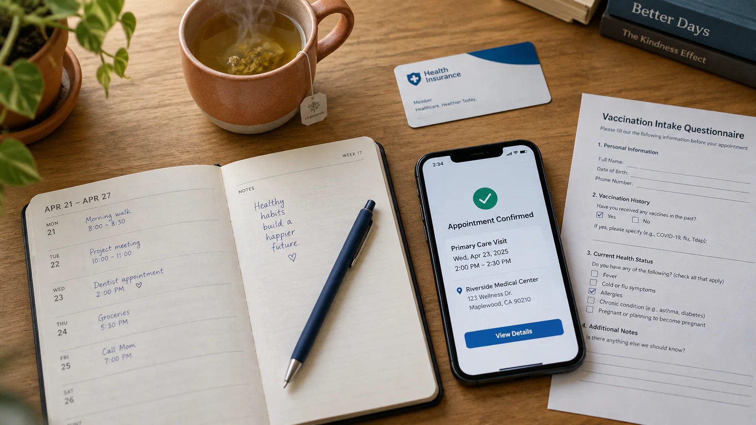 Smartphone showing confirmed appointment beside an open planner, tea mug, insurance card, and medical intake form.