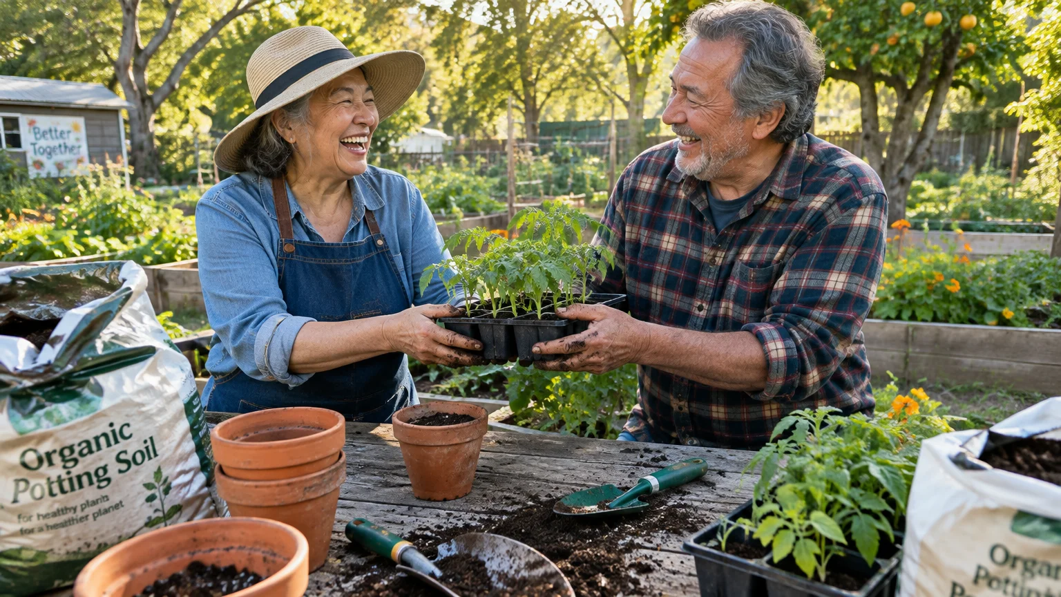 A smiling senior man and woman holding a tray of tomato seedlings together at a wooden potting table outdoors.
