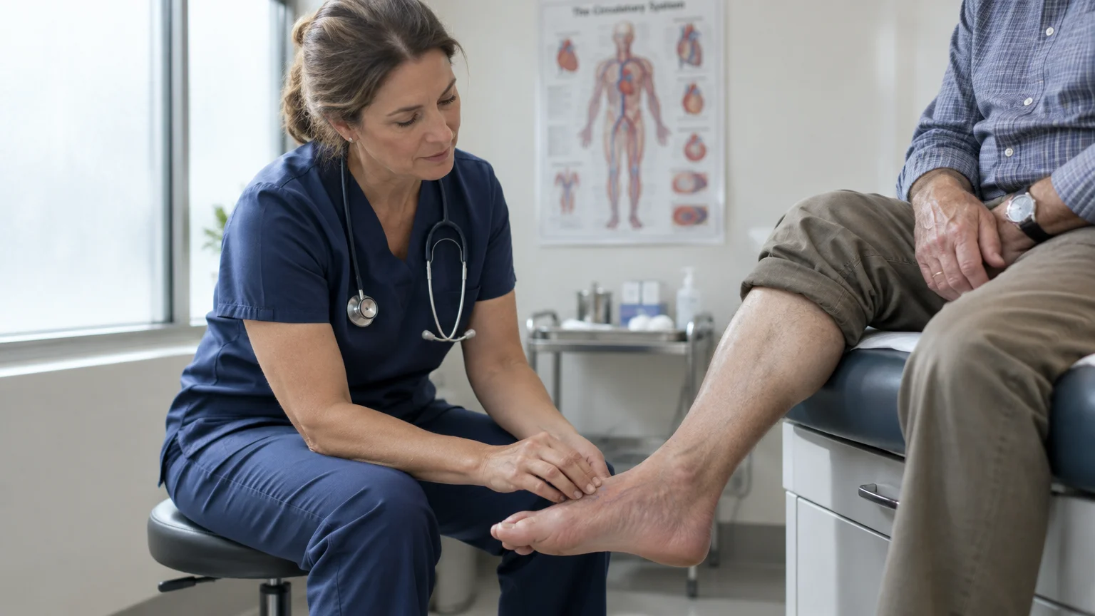 A doctor in blue scrubs examines an older patient's bare foot and lower leg in an examination room.
