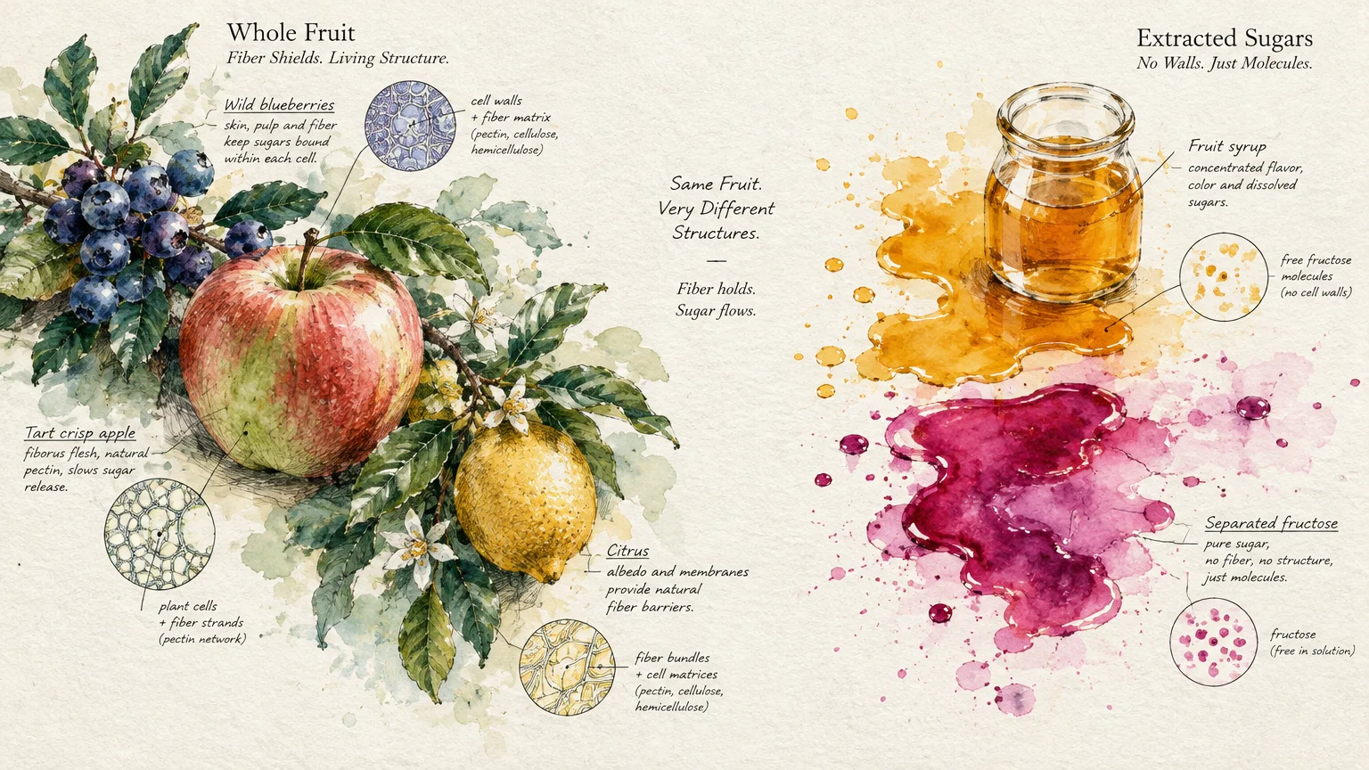 Botanical watercolor comparing whole fruit cellular structures with spilled jars of extracted fruit syrups.