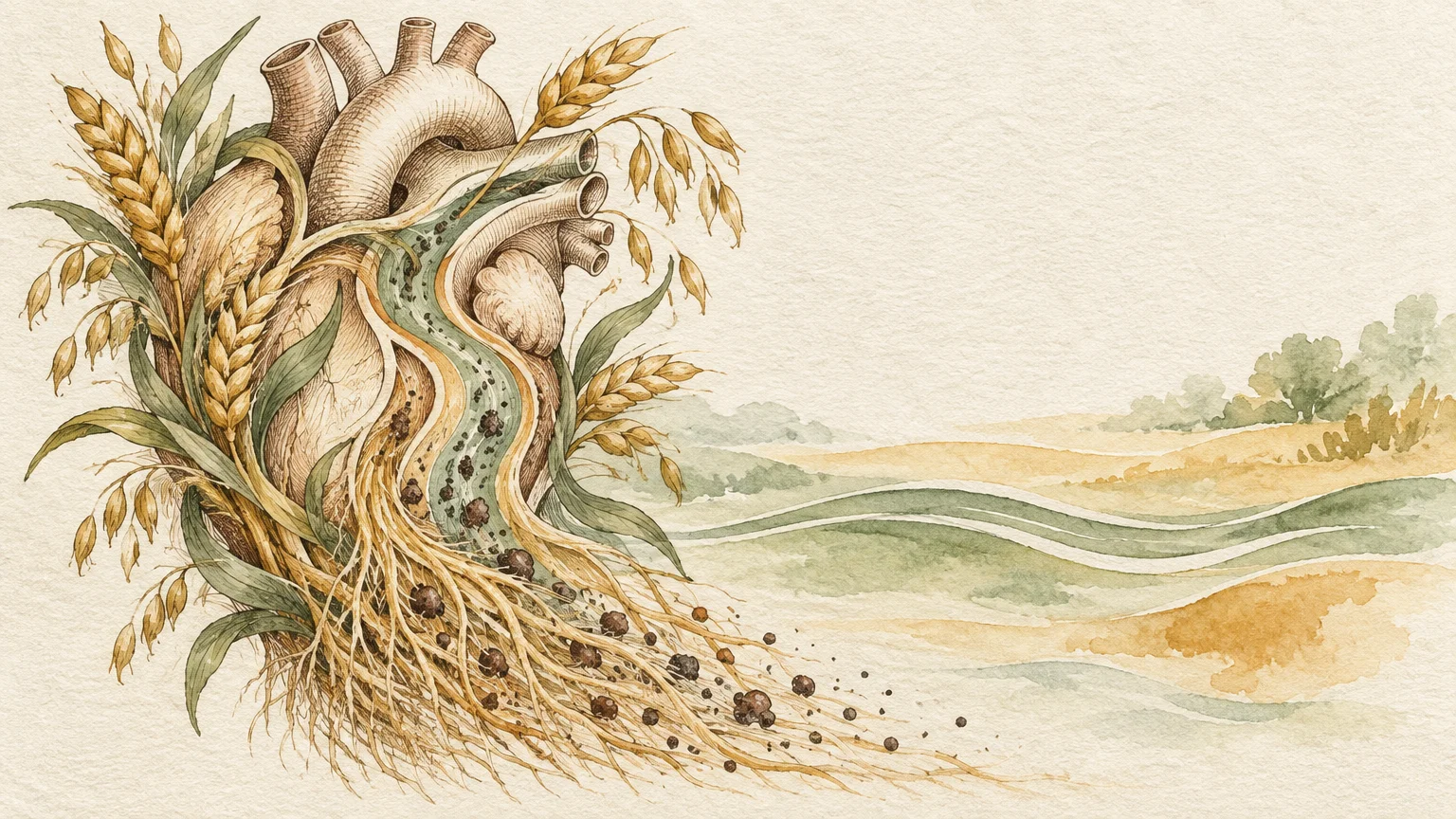 Botanical watercolor illustration of an anatomical human heart entwined with wheat stalks, oat sprigs, and roots.