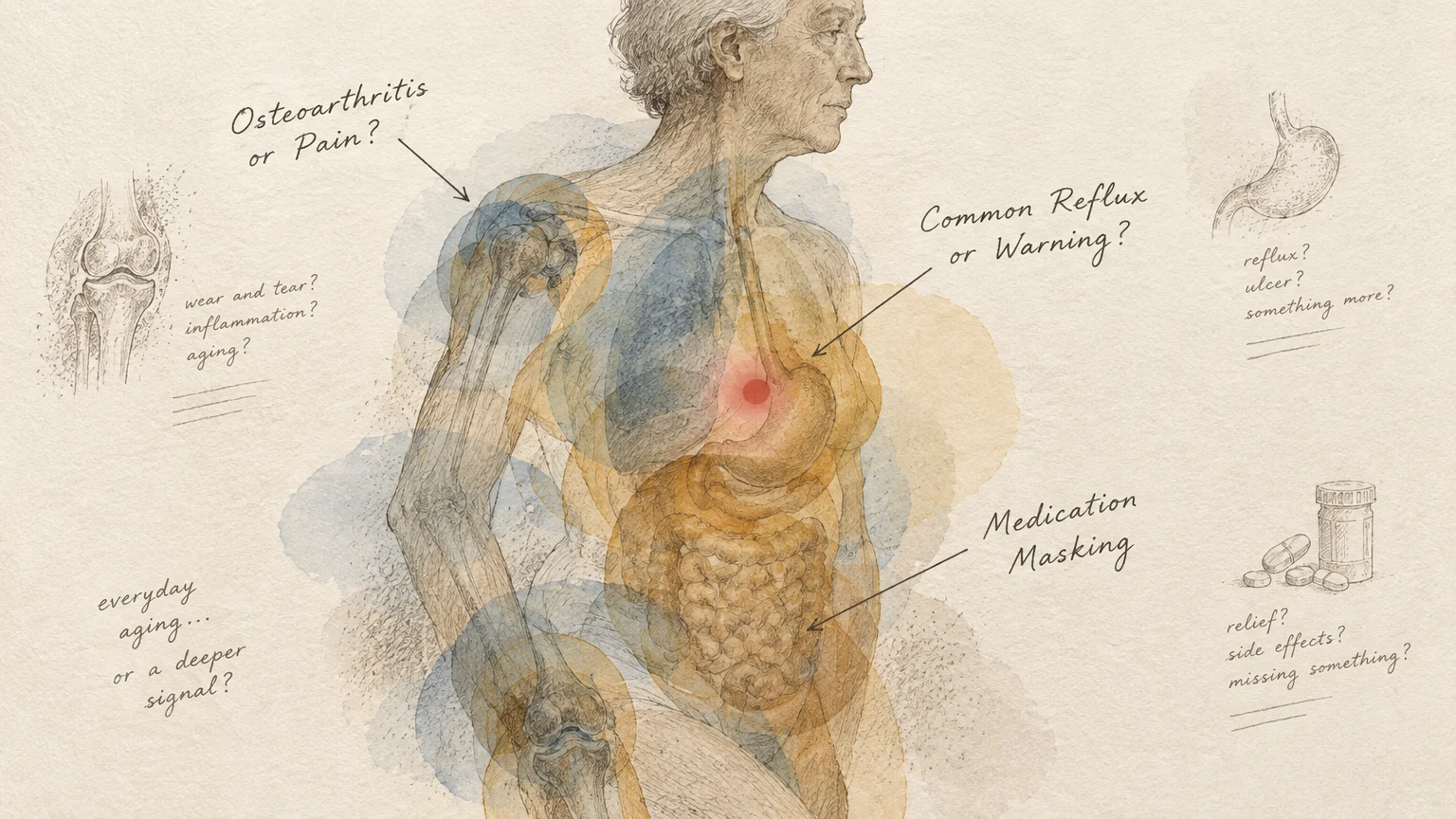 Medical sketch of an older person's anatomy with labeled annotations about osteoarthritis, reflux, and medication masking.