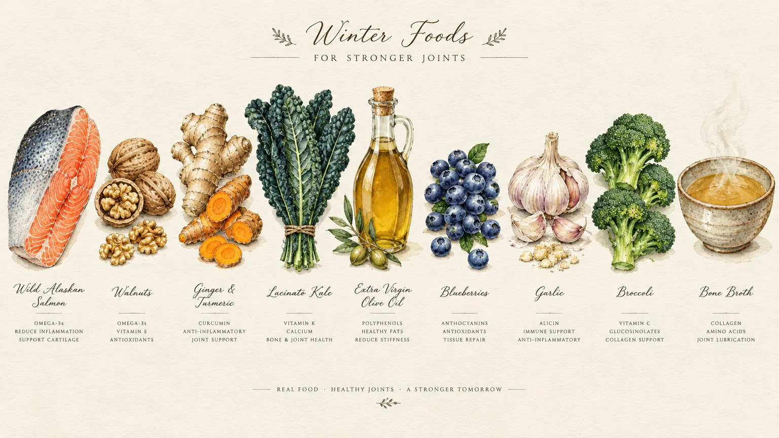 Illustrated row of winter foods: salmon, walnuts, ginger, turmeric, kale, olive oil, blueberries, garlic, broccoli, and broth.