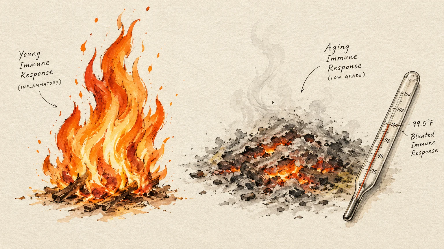 Watercolor comparing a bright campfire to smoldering embers, beside a glass thermometer showing a low-grade fever.