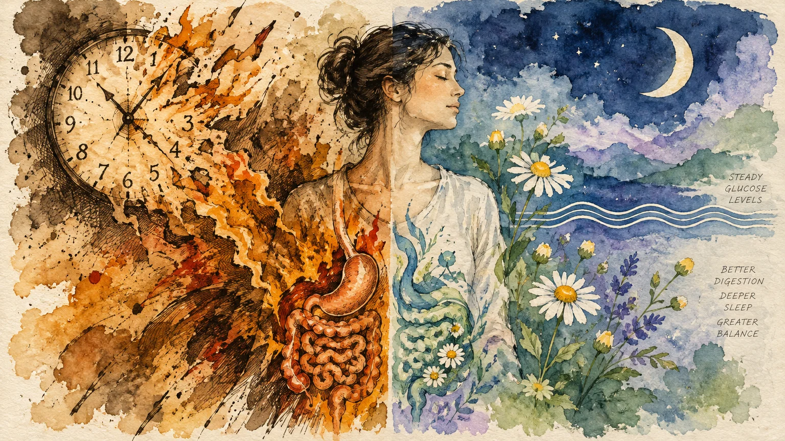 Split watercolor illustration of a woman showing burning digestive turmoil next to a peaceful night scene with flowers.