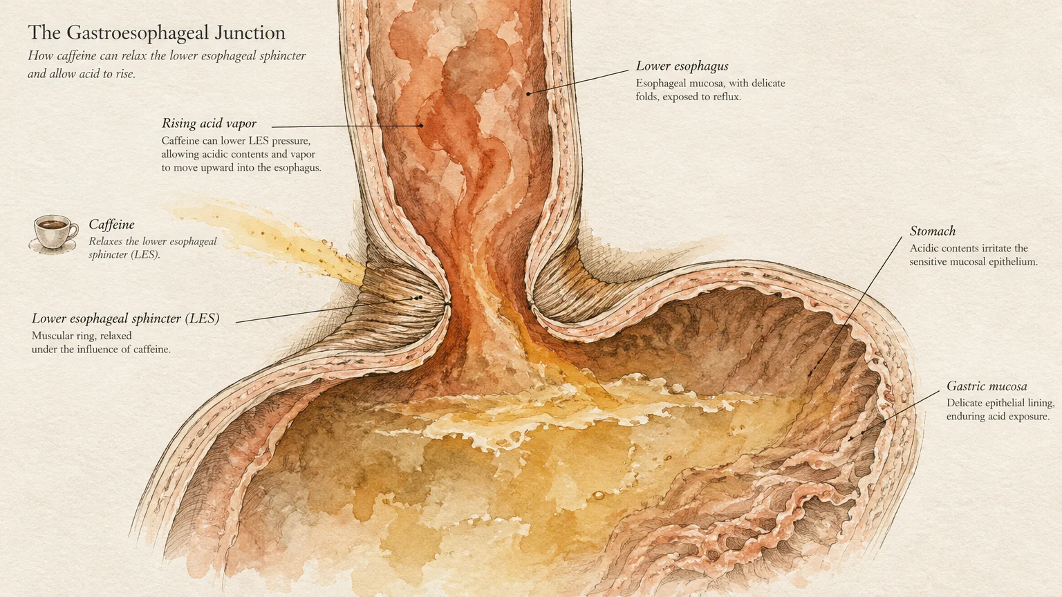 Medical watercolor diagram of the stomach and lower esophagus showing acid rising past the relaxed esophageal sphincter.
