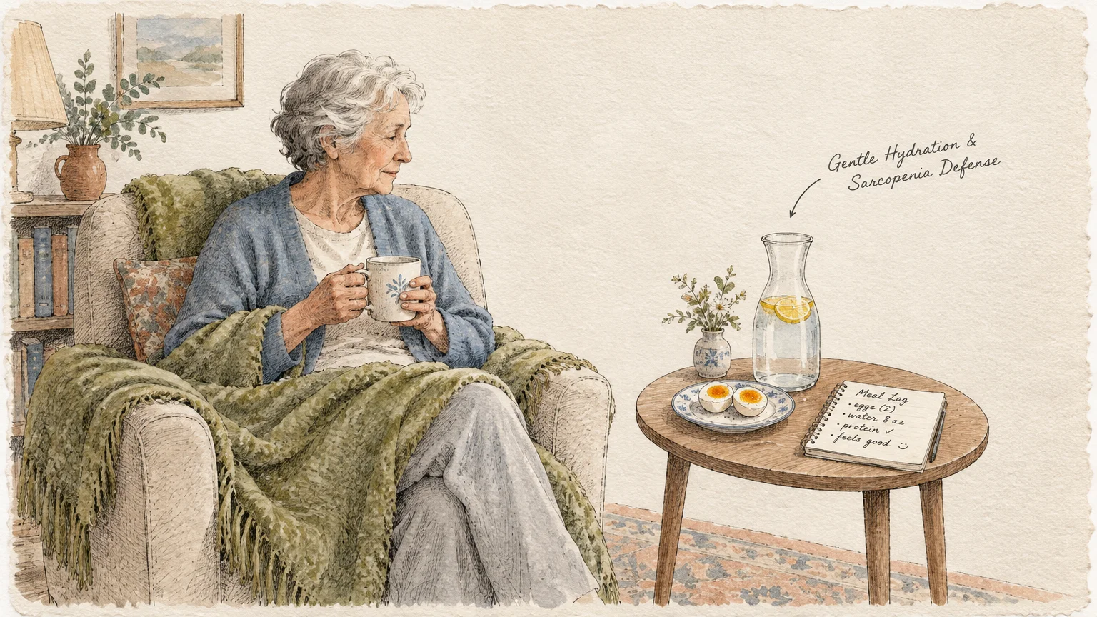Watercolor of an older woman seated with a mug beside a table with hard-boiled eggs, lemon water, and a meal log.