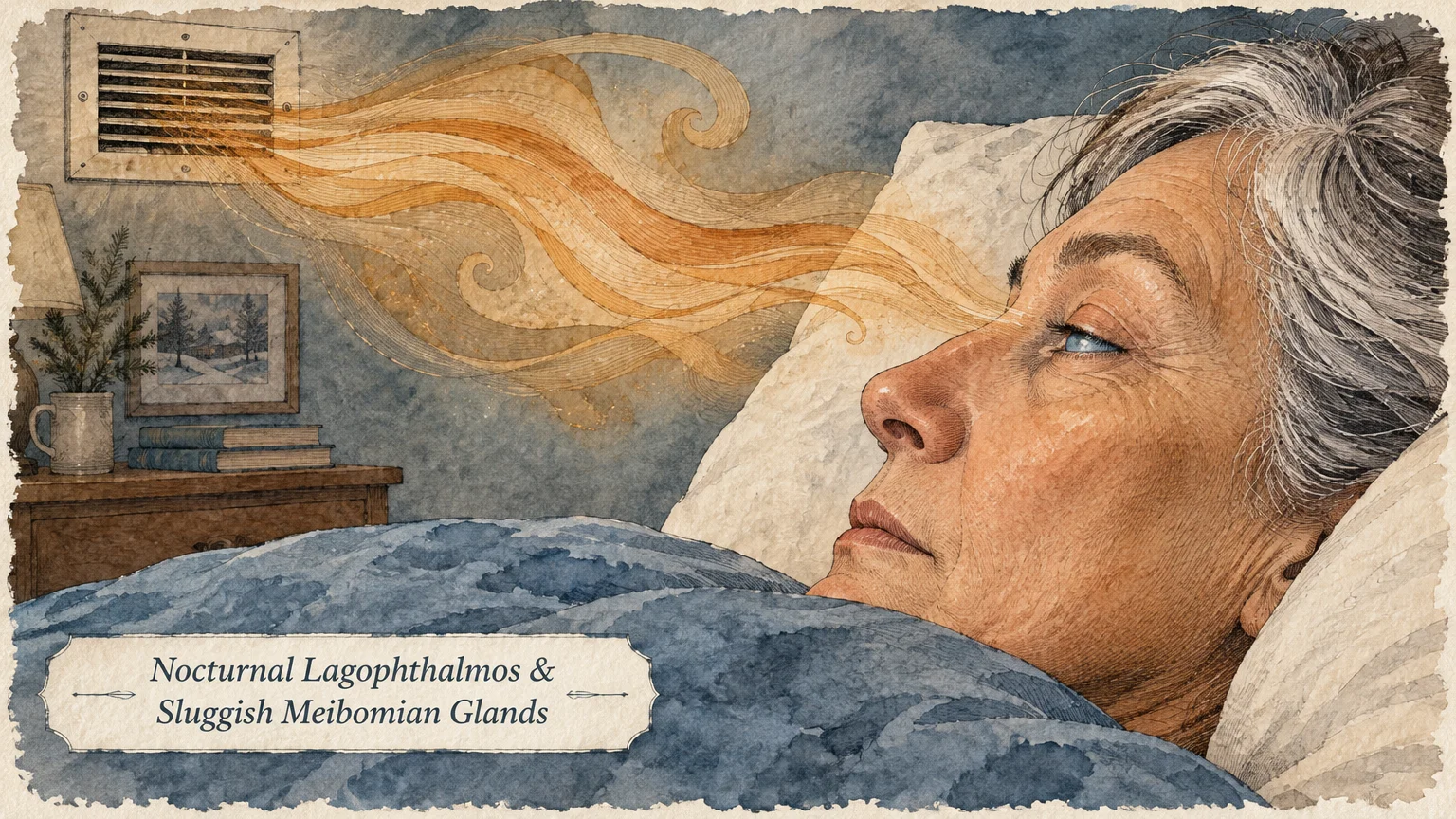 An older person sleeps with partially open eyes as streams of warm air blow toward their face from an overhead vent.
