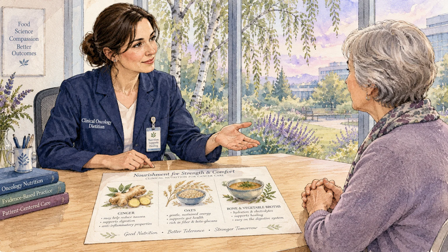 Oncology dietitian consulting an older patient across a desk, reviewing a chart showing ginger, oats, and broth.