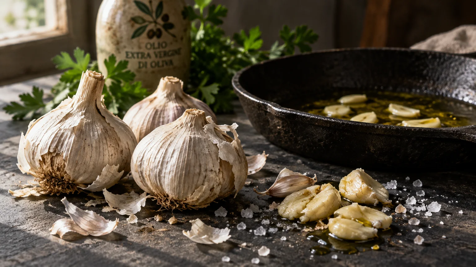 Garlic bulbs and crushed cloves with coarse salt next to olive oil simmering in a cast-iron skillet.