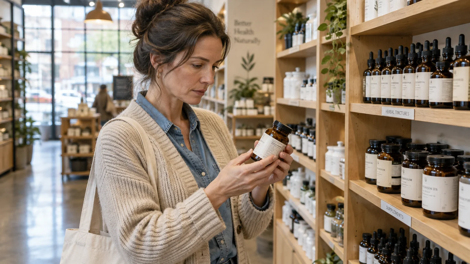 A woman in a cardigan examines an amber bottle while standing beside wooden shelves filled with supplements in a store.