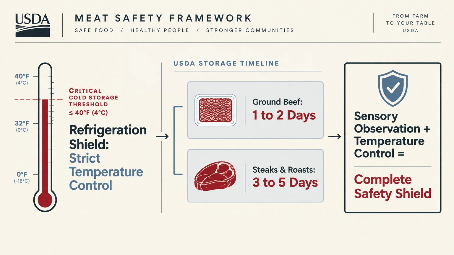 Diagram of a meat safety framework with a thermometer, USDA storage timeline for beef, and a safety shield formula.